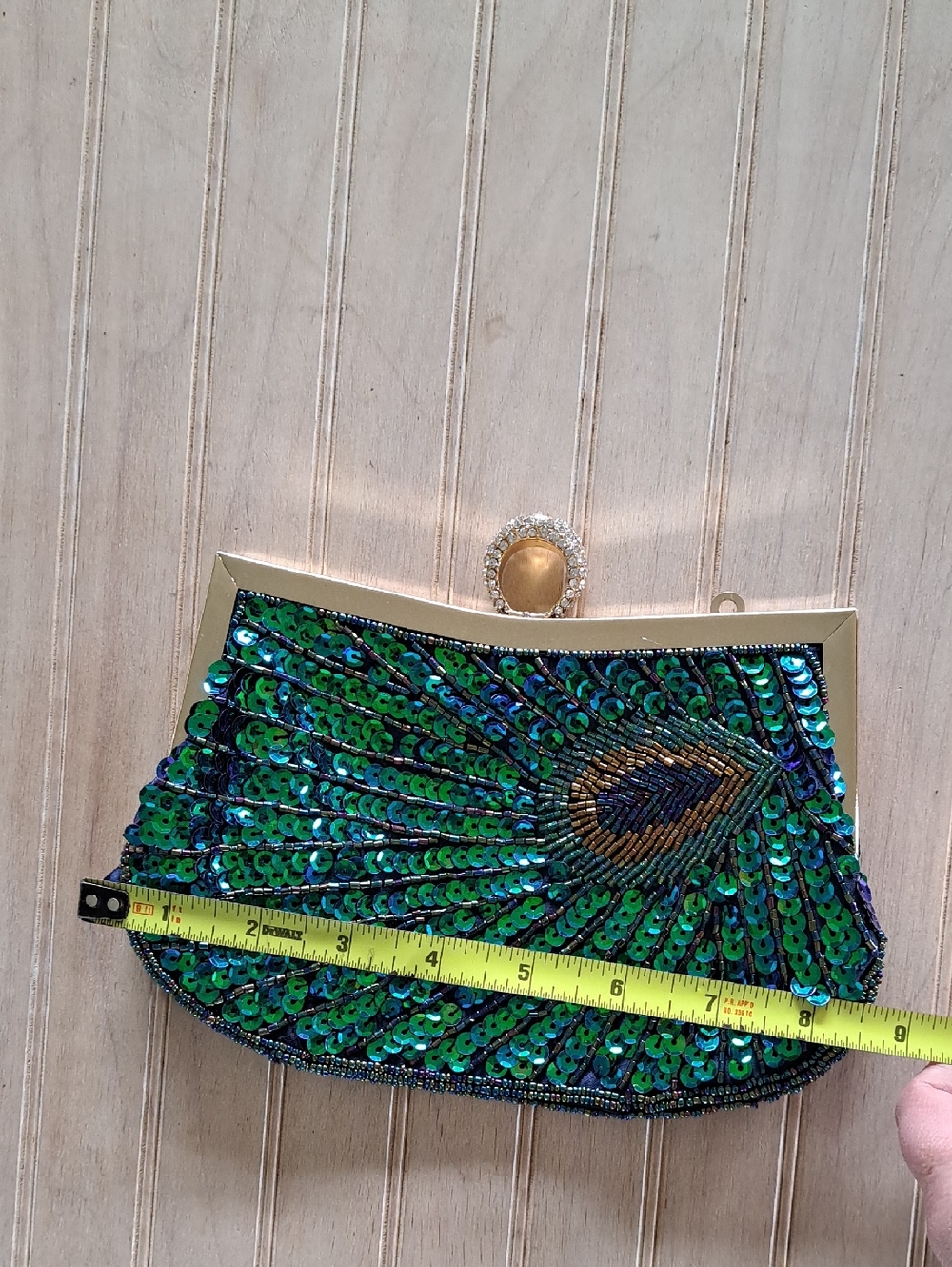 Peacock Sequin Clutch Evening Bag Rhinestone Ring Handle Glam Statement - Picture 9 of 11